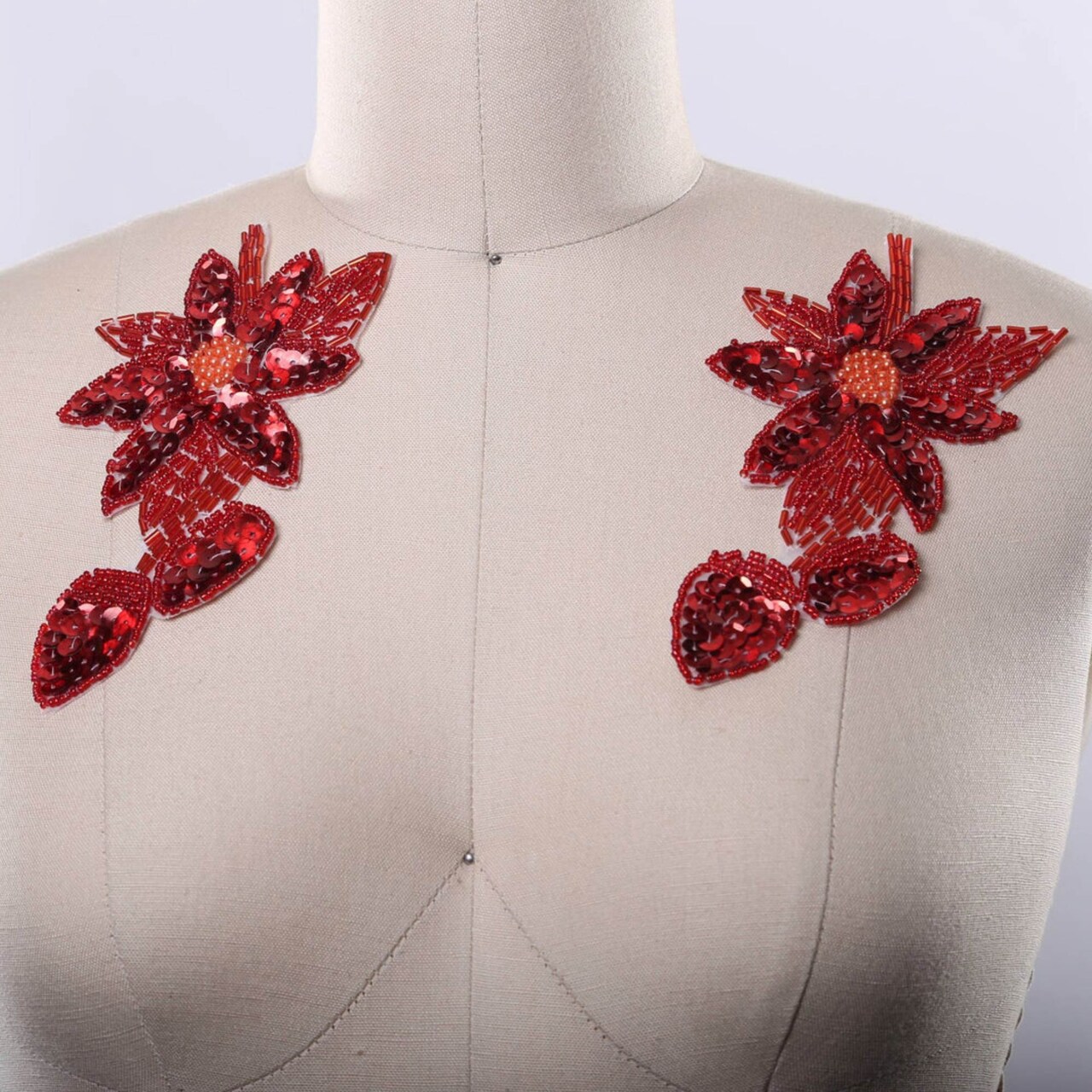Red Beaded and Sequined Flower Patches Set of 2 Iron On Coral Floral Appliques with Leaves